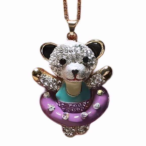 Betsey Johnson Teddy Bear Necklace, Gold Tone, Crystals, Purple Tutu, 28" Chain - Picture 8 of 10